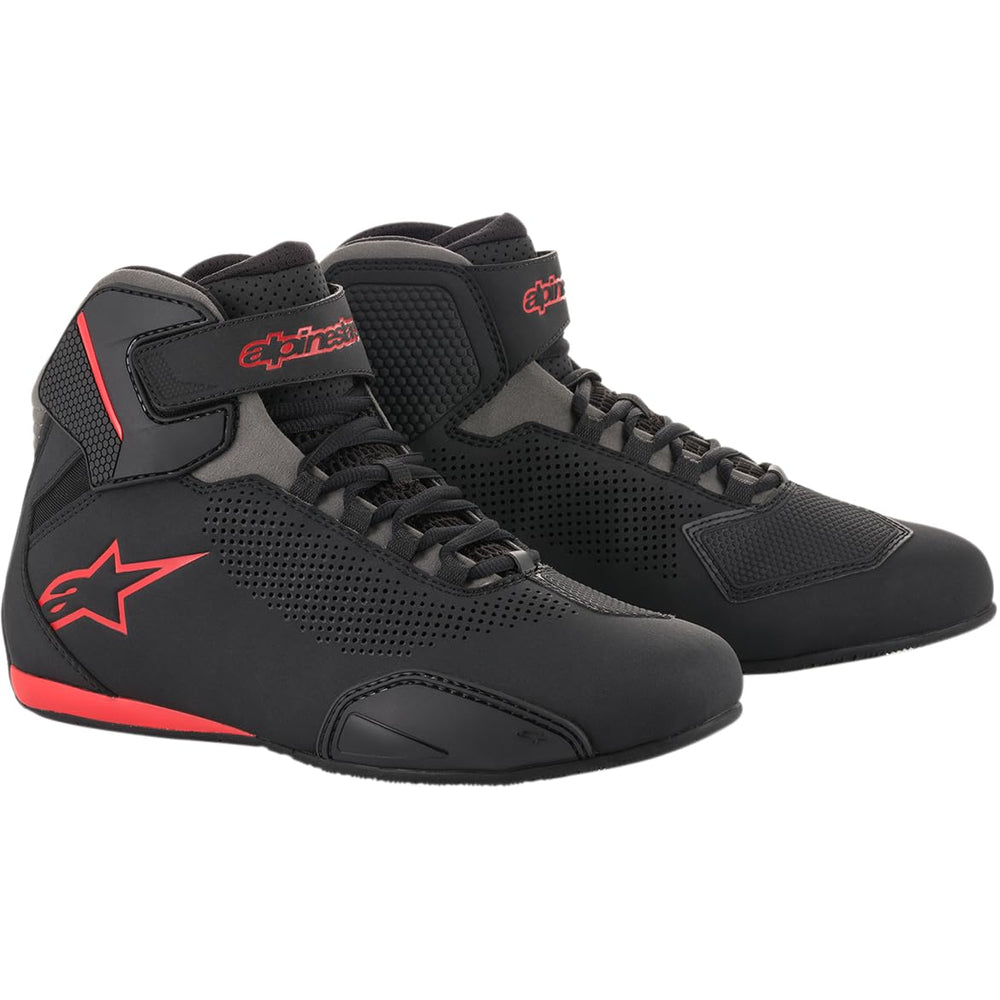 Alpinestars Sektor Vented Shoes front view in Black/Gray/Red highlighting sleek airflow design.