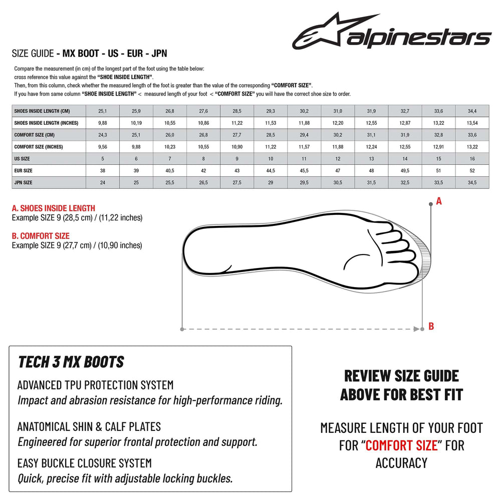 Alpinestars Tech 3 motocross boots three-buckle closure ensures quick, consistent fit over riding pants.