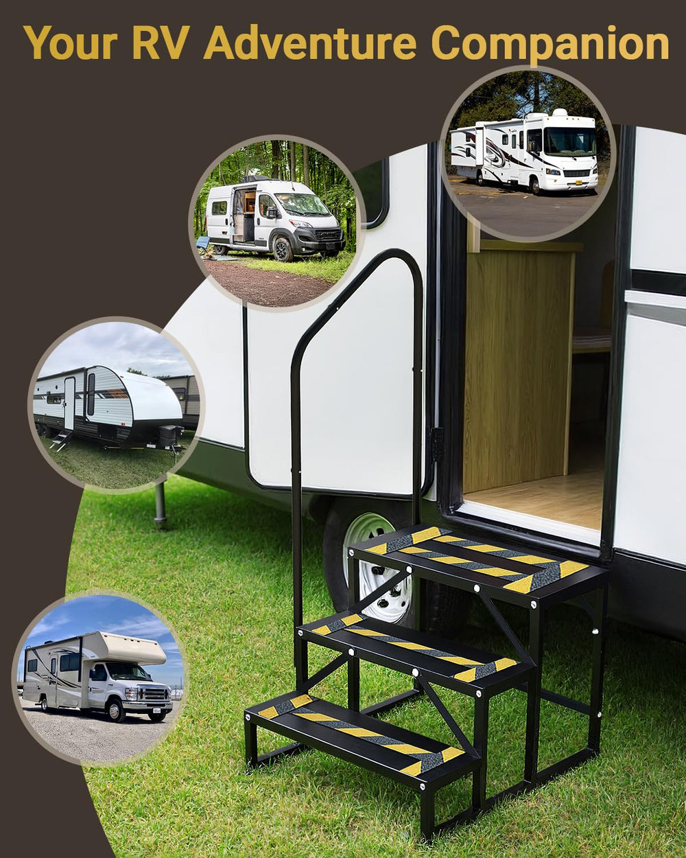 Altyostar RV steps triangular base adapts to uneven ground.