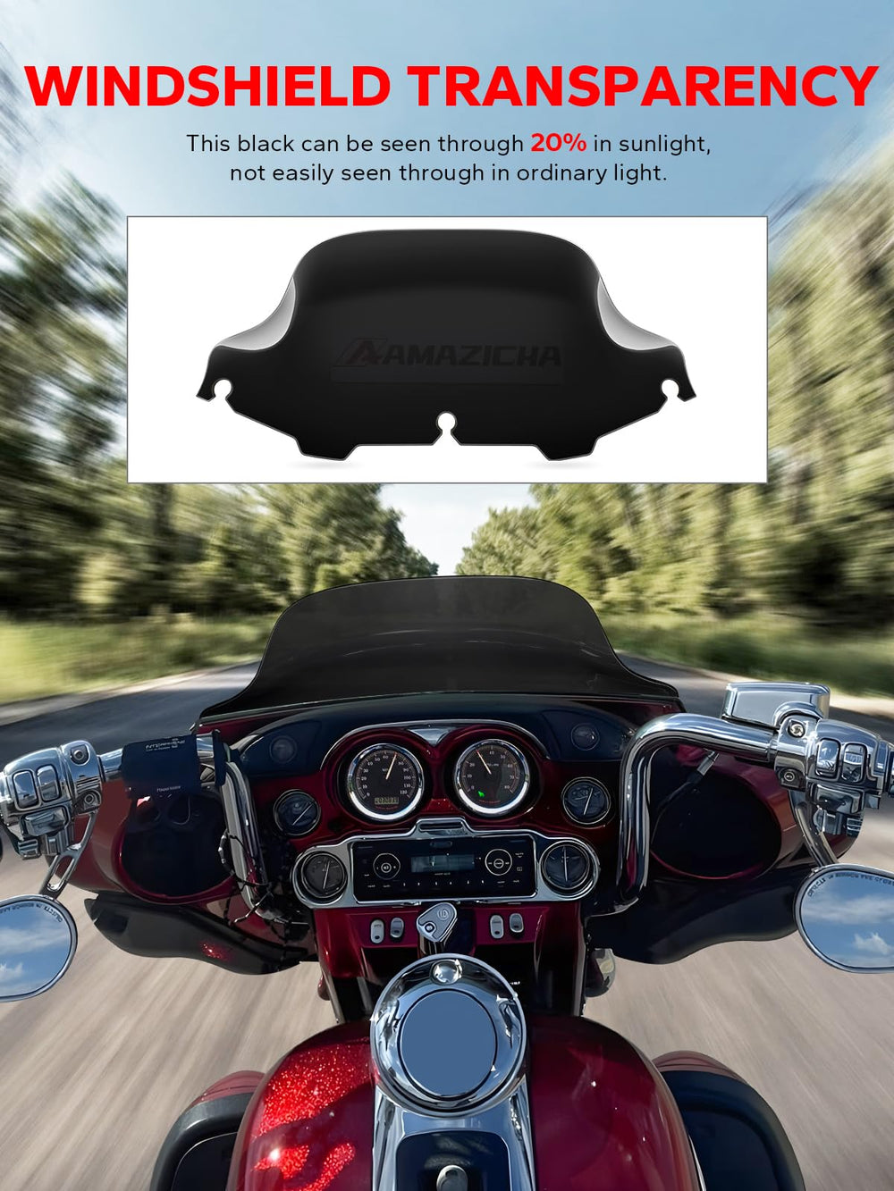 Amazicha windshield in bright light demonstrates tint behavior and visibility