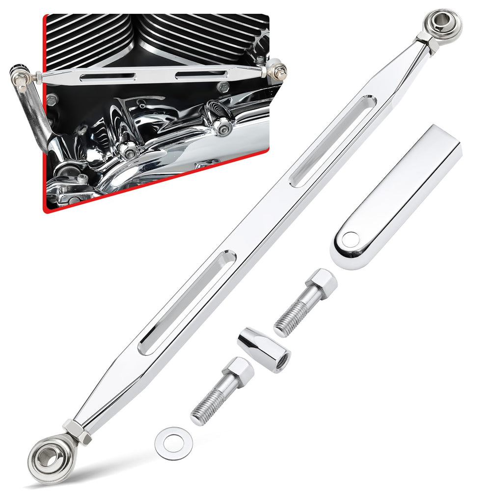Amazicha chrome shift linkage on Harley Softail, front-angle view, supports smoother gear shifts.