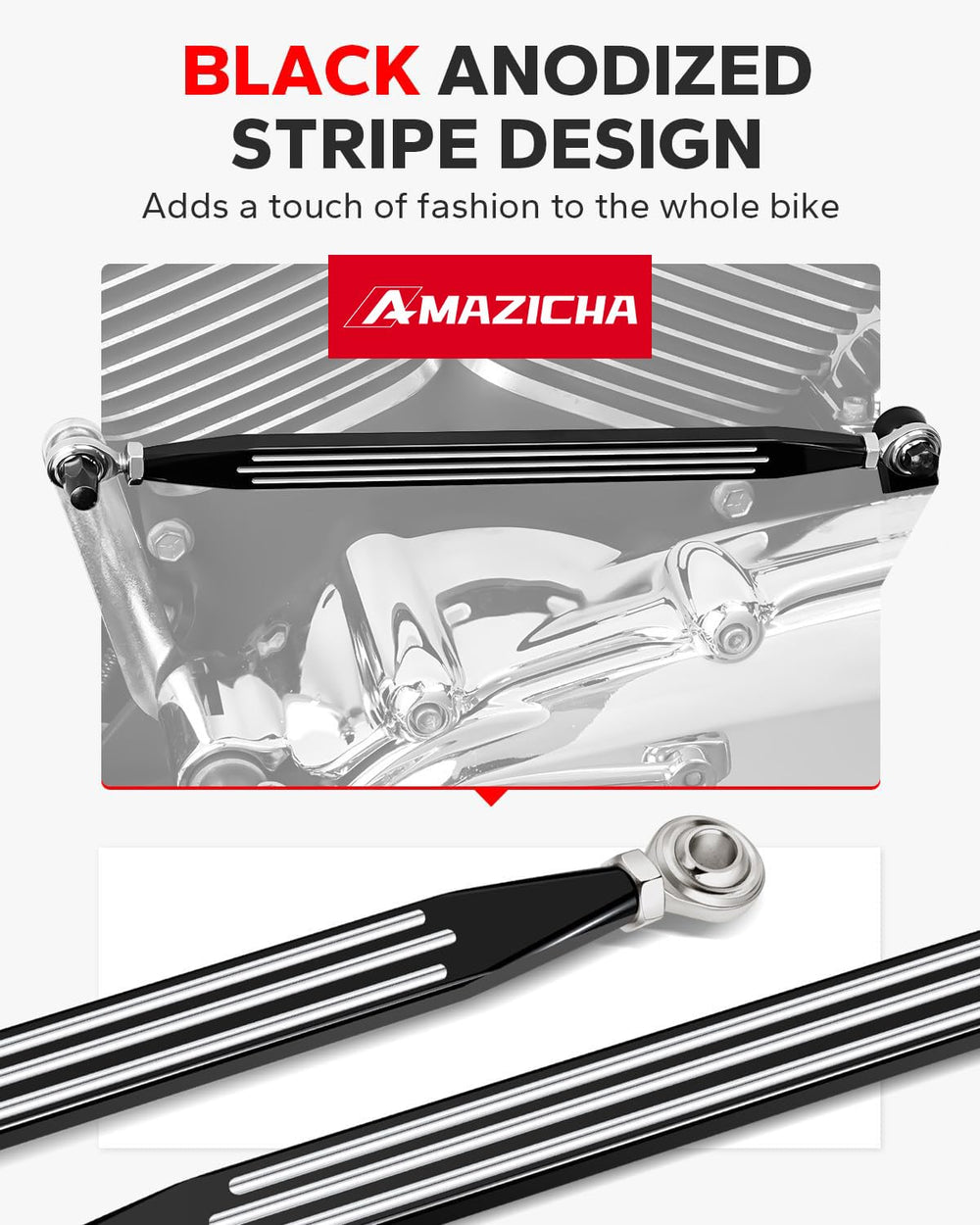 Black anodized stripe detail on the Amazicha shift linkage enhances Harley aesthetics.