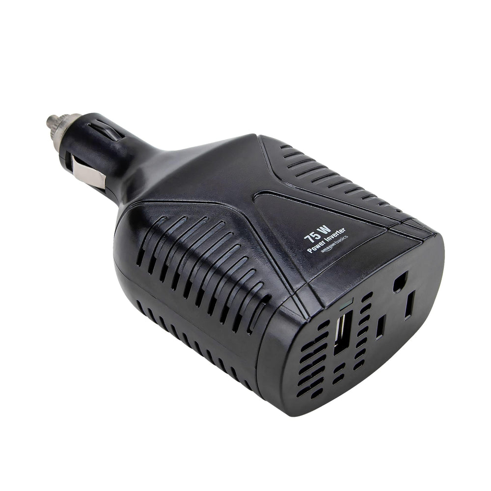 Amazon Basics 75W portable car inverter on dashboard powers devices during road trips
