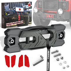 AMBULL winch fairlead with tow hook assembly on rugged off-road setup for recovery.