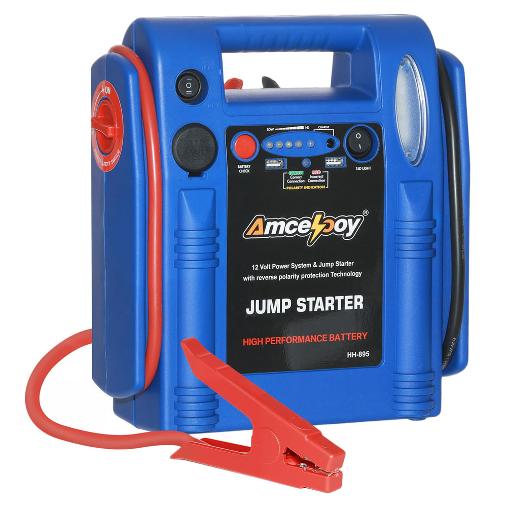 Amcelooy 2000 peak amp jump starter front view for quick engine start on gas and diesel.
