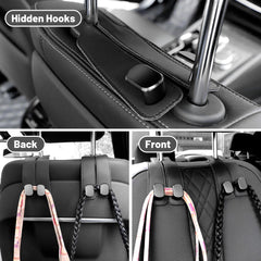 Amelity purse hanger for car headrest storage and organization.