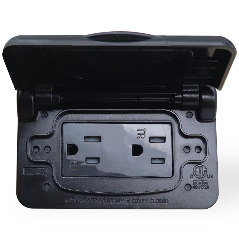 AMOMD Weatherproof RV Outlet 15A/20A provides outdoor power for camping setups.