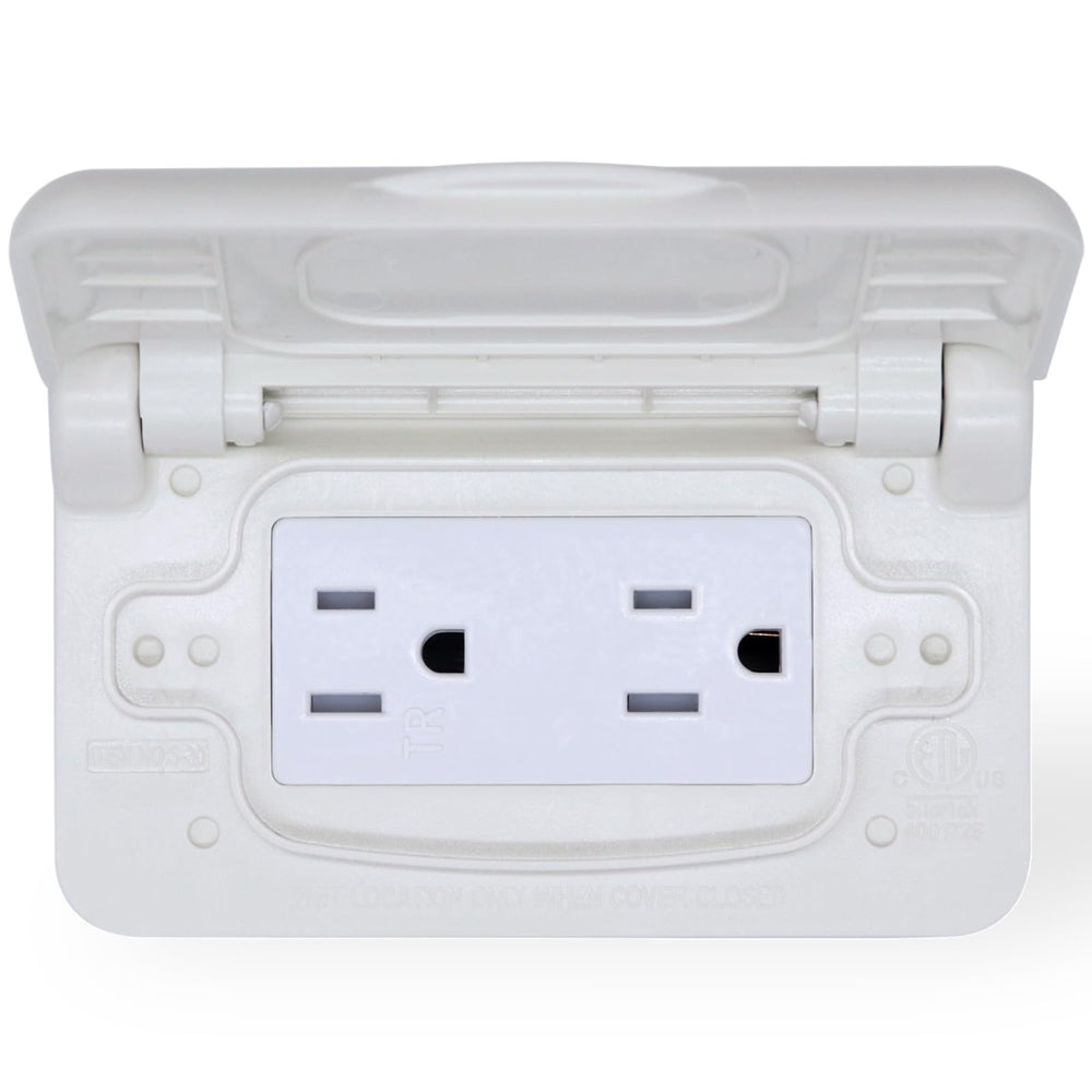 AMOMD Weatherproof RV outlet front view shows rugged outdoor-ready design.