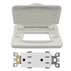 AMOMD Weatherproof RV outlet shell highlights flame-retardant thermoplastic construction.