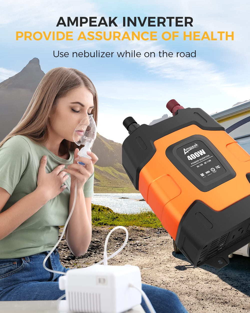 Ampeak 400W inverter AC outlets and safety features for reliable car power