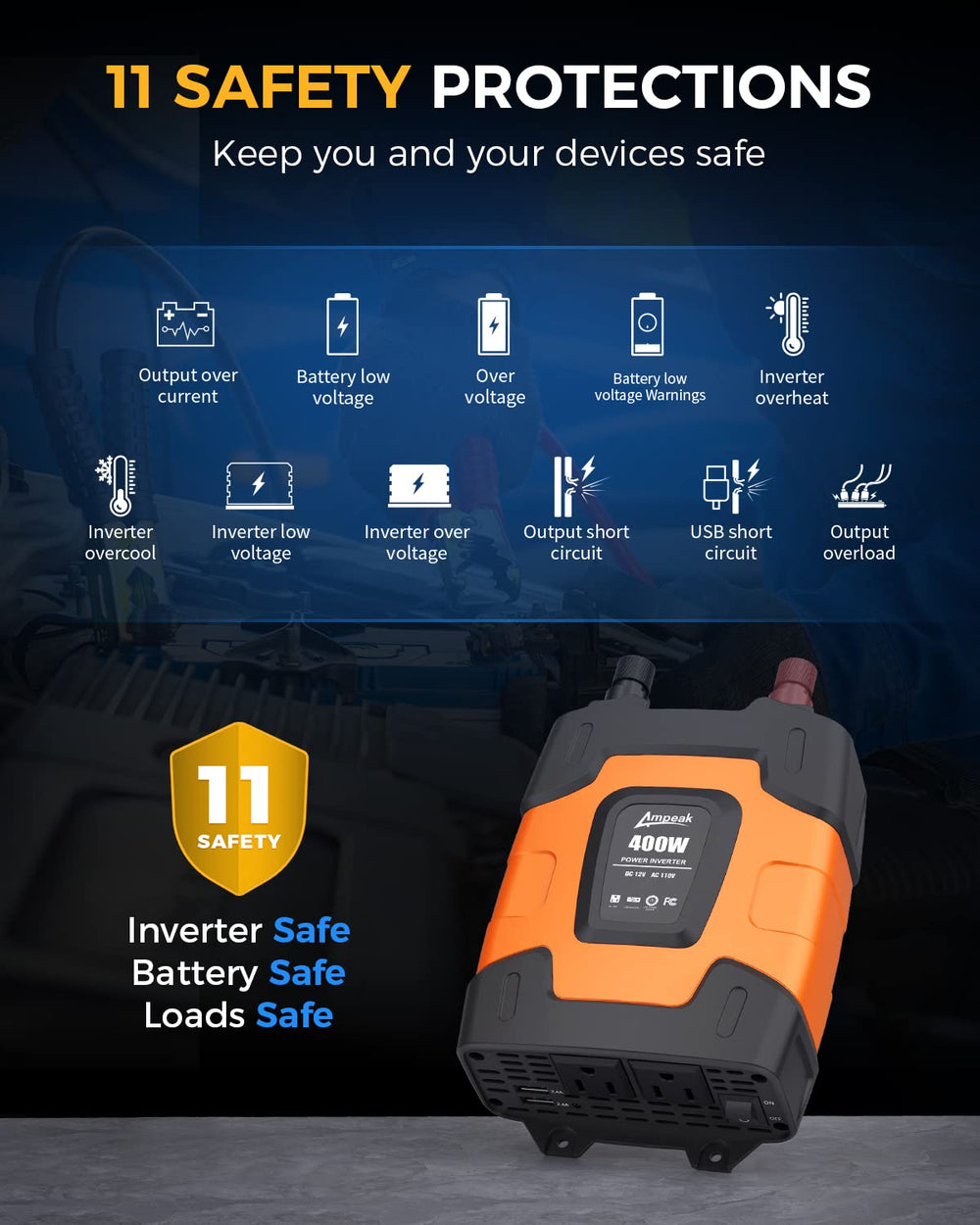 Ampeak 400W inverter top panel demonstrates easy access to power on the move