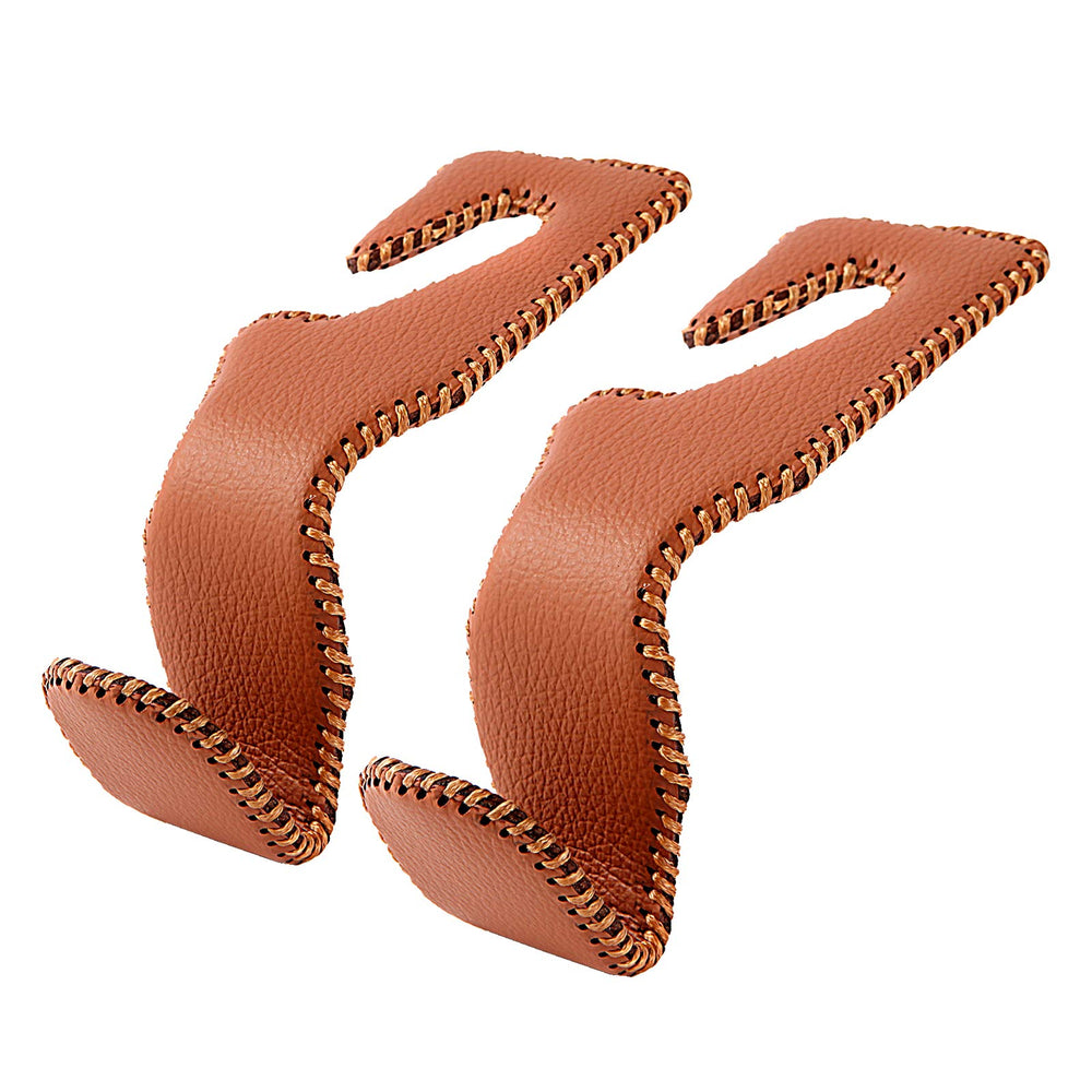 AMVOYOA purse hook for car with brown leather headrest hanger facilitates quick organization.