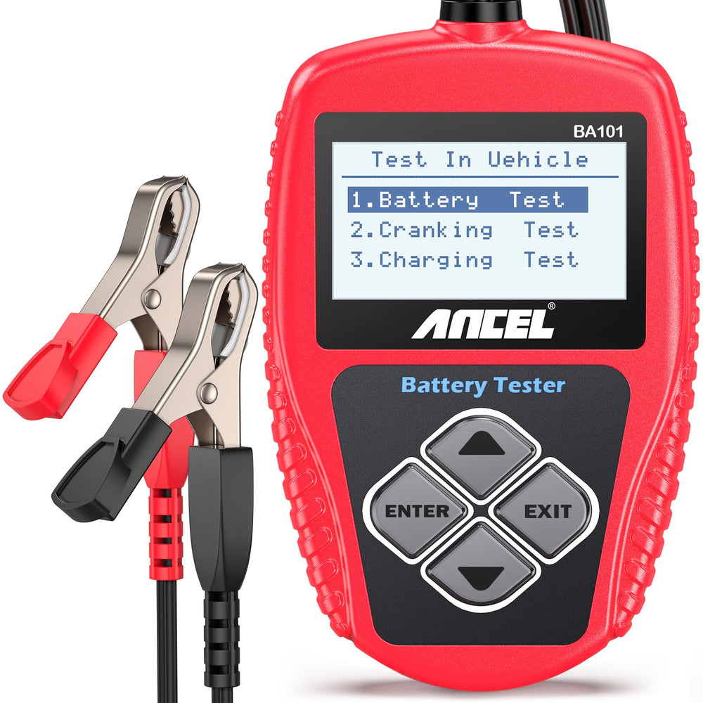 ANCEL BA101 battery tester display shows SOH, SOC, and CCA at a glance