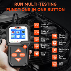ANCEL BA301 battery health indicator highlights test results.