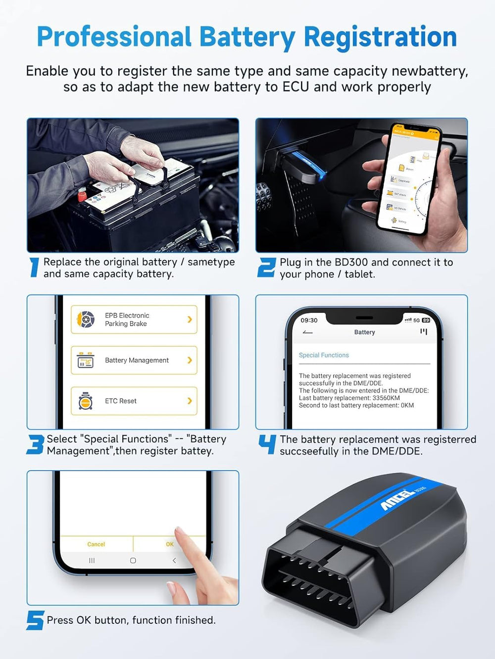 ANCEL BD300 app diagnostics interface demonstrates quick, professional readings on iOS and Android.