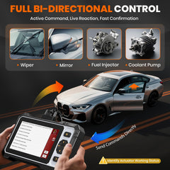 Active test controls illustrate ECU actuation and fault verification.