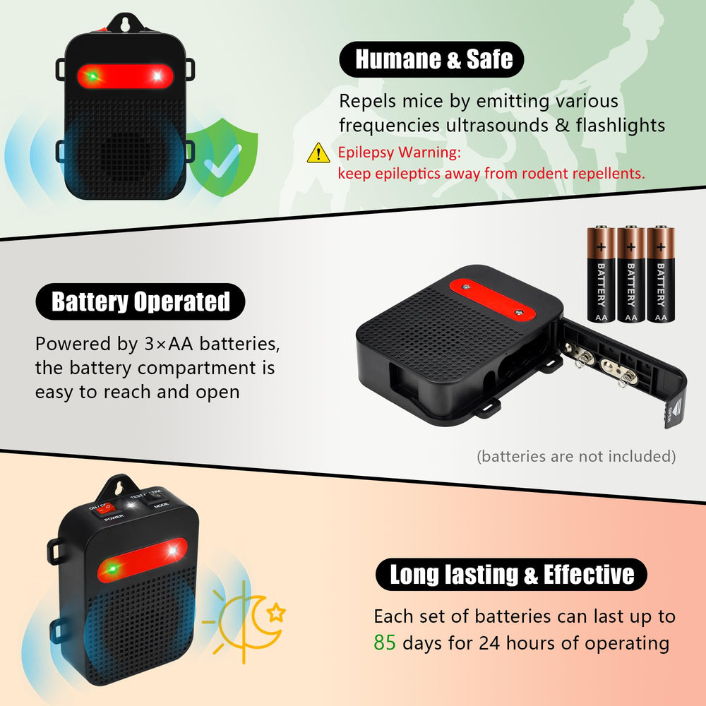 Angveirt strobe-light deterrent offers visual signals to discourage rodents.