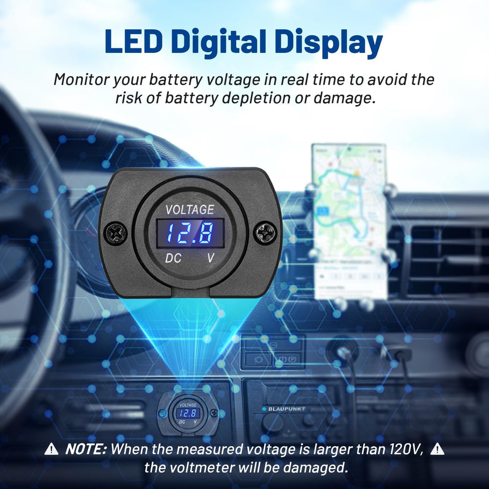 Anina voltmeter showing blue LED digits for clear day and night readings