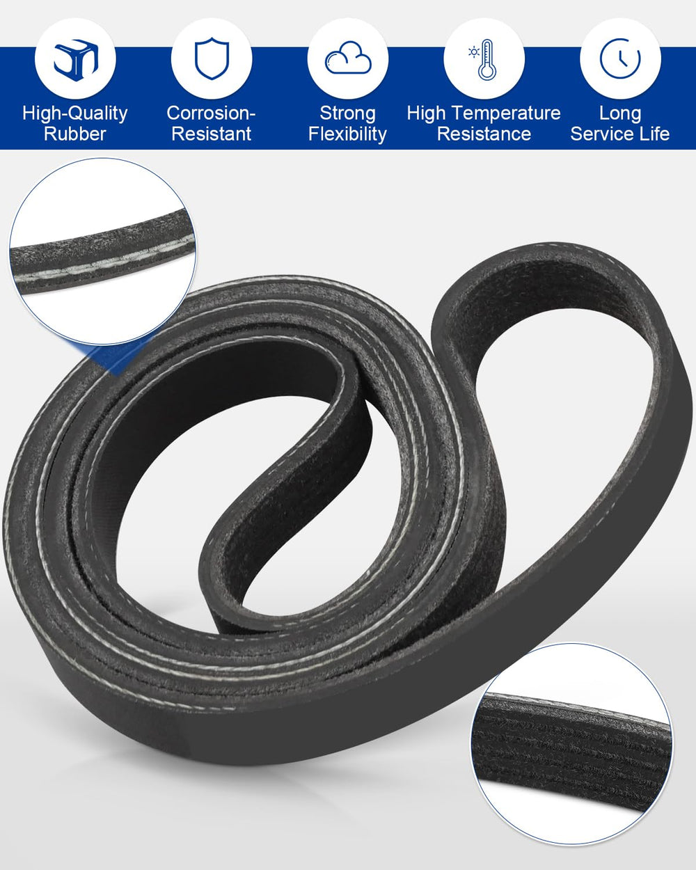 ANODZU serpentine belt material close-up highlights high-temperature resistant rubber.