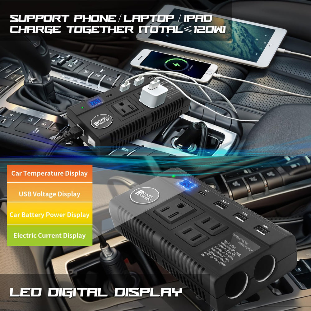 Ansee inverter with three AC outlets and dual cigarette lighter sockets for devices.
