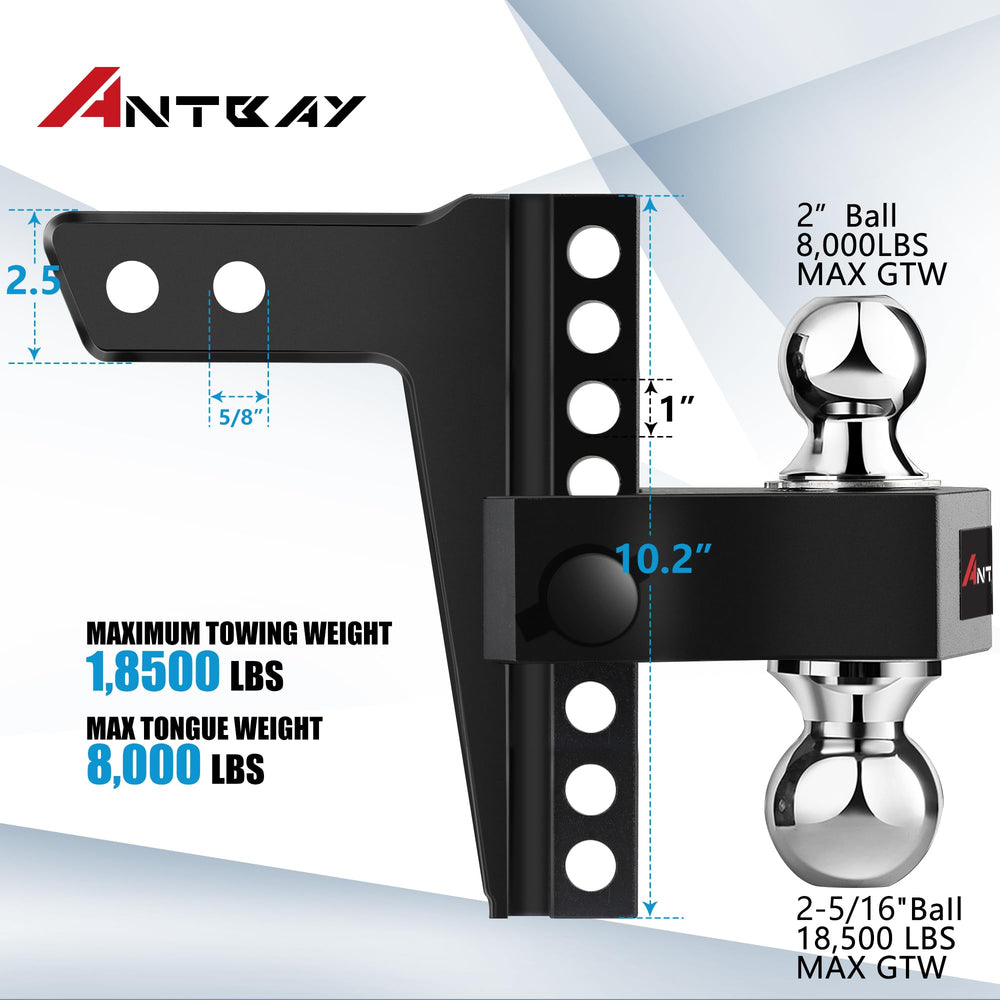 ANTbay 8-inch drop/rise hitch demonstrated for level towing on uneven terrain.