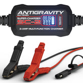 Antigravity Super-Charger LCD display shows real-time voltage for LiFePO4 and lead-acid batteries.