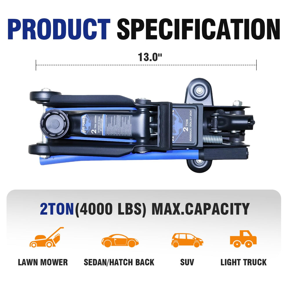 ANTPOWER 2 Ton Floor Jack lifting range from 5.31 to 13 inches for quick height adjustments