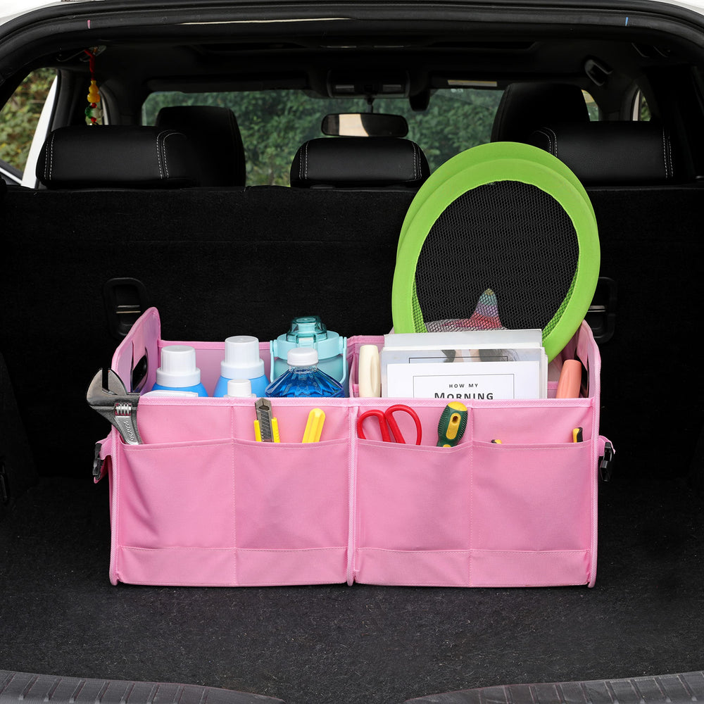 AOKJOY trunk organizer with adjustable straps keeps items secure during driving.
