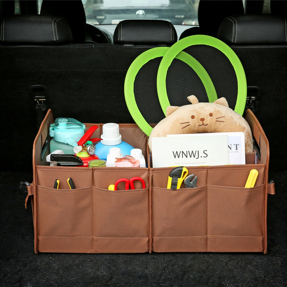 AOKJOY trunk organizer open with multiple compartments for groceries and tools