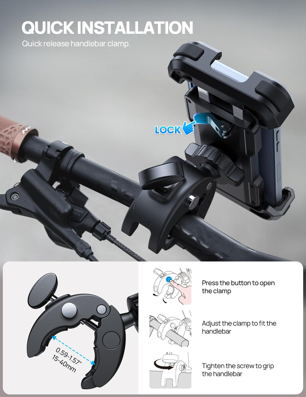 Aomiker bike phone holder one-second release for tool-free mounting.