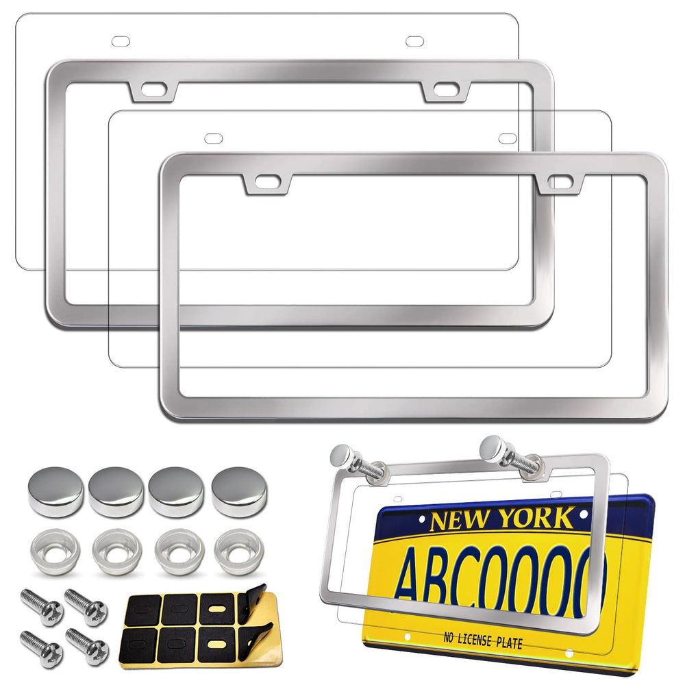 Aootf stainless steel license plate frame front view with chrome caps and shine