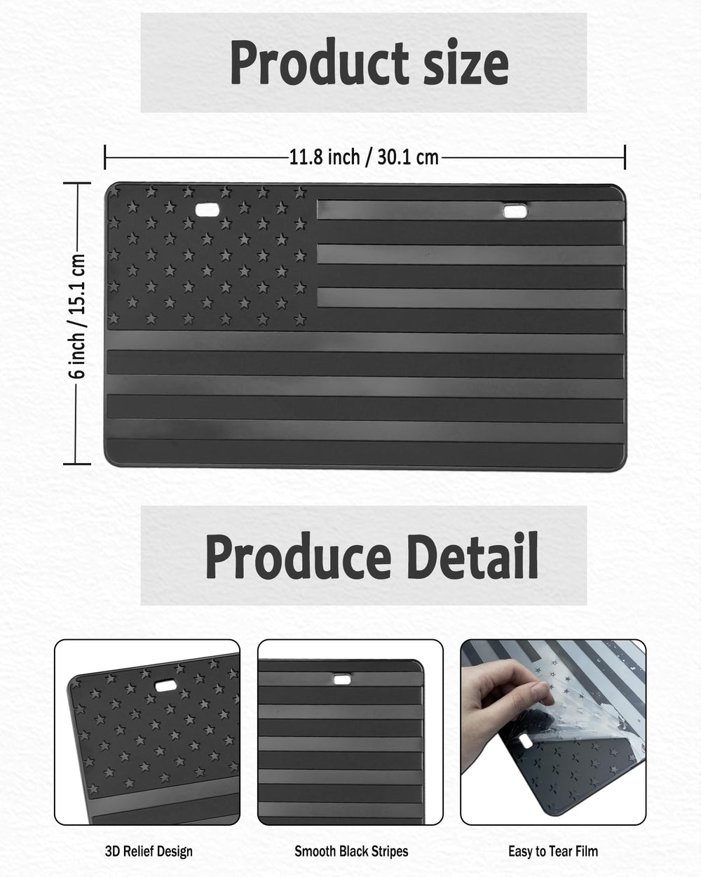 AOOTF USA flag 3D embossed detail on a sturdy license plate.
