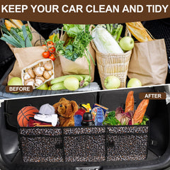 AOPHY leopard trunk organizer folded on front seat for portable storage