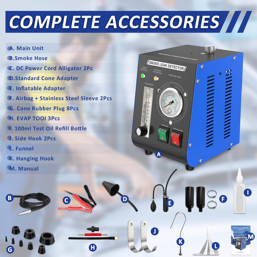Aoteda leak-detection setup helps diagnose exhaust, intake, and vacuum system leaks.