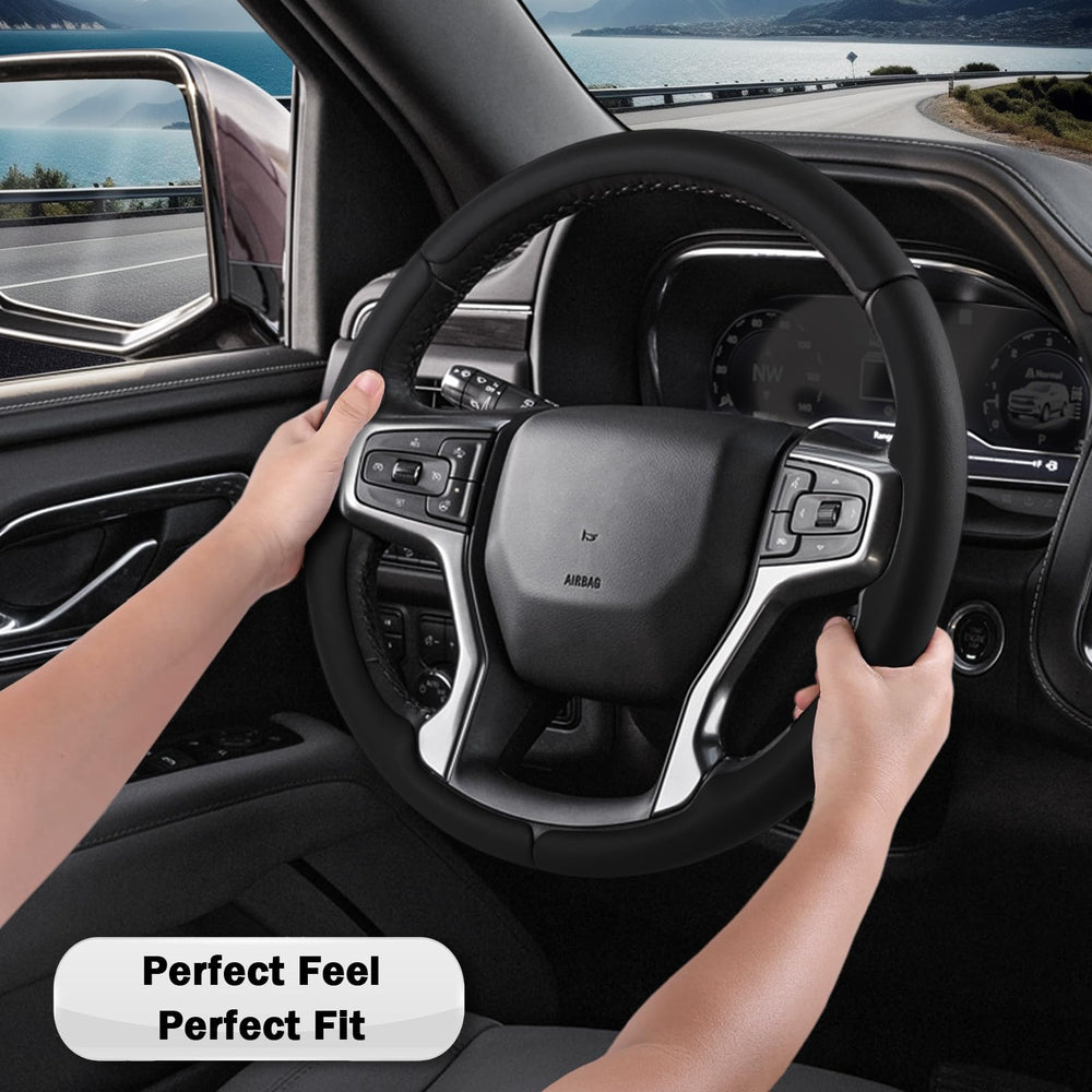 Aotoyou steering wheel cover demonstrating glove-like grip for control.