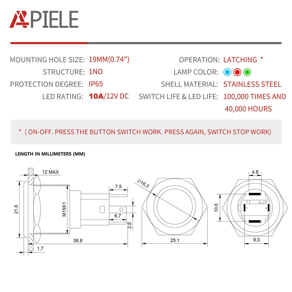 APIEELE metal-body push-start switch closeup for durable, weatherproof performance.