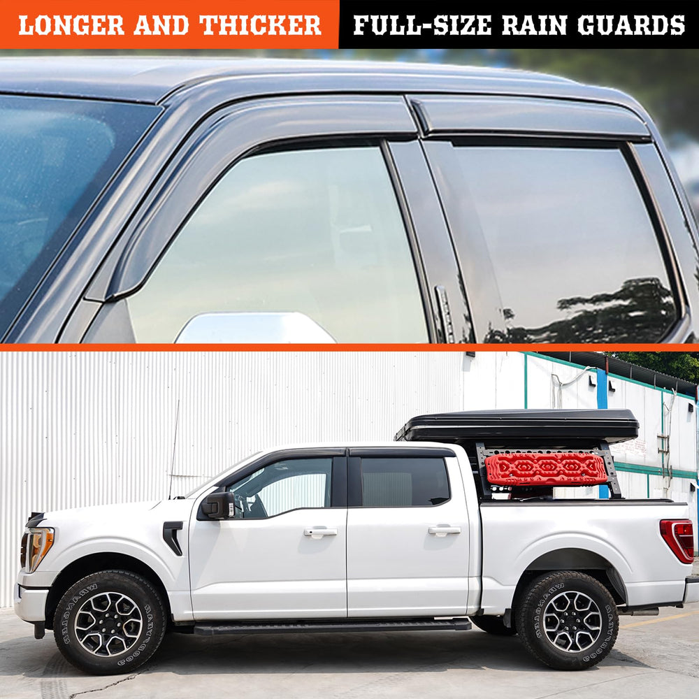 APILT rain guards on F-550 Super Duty emphasize outside-mount ease and protection from weather.