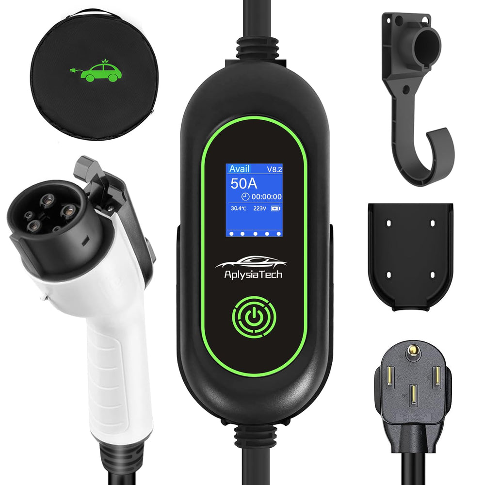 AplysiaTech Level 2 charger front view with 25 ft cable for fast home charging.