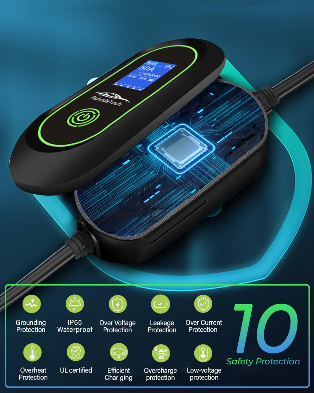 AplysiaTech charger LED display shows current rate, voltage, and time at a glance.