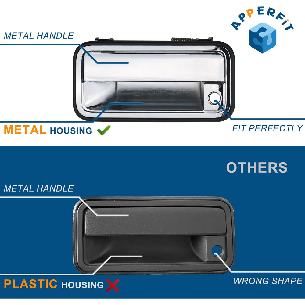 APPERFiT chrome exterior door handle for passenger side with chrome finish.