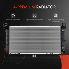 A-Premium 34-inch radiator compatibility chart summarizes supported GM models