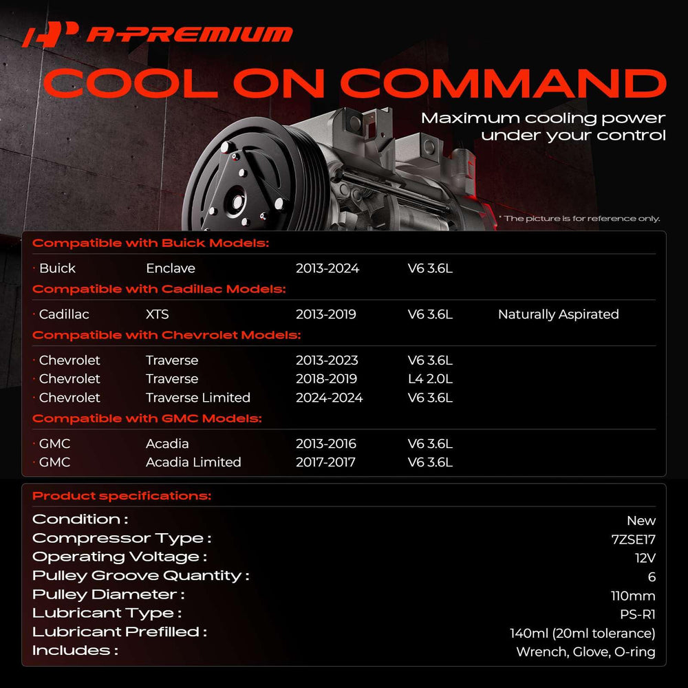 A-Premium AC compressor underhood installation view highlighting compatibility with Chevrolet Traverse.