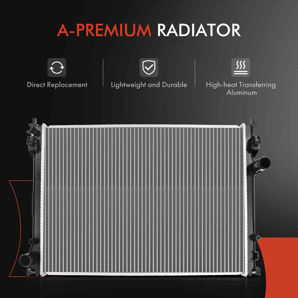 A-Premium radiator vehicle-fitment label shows Chrysler and Dodge compatibility.