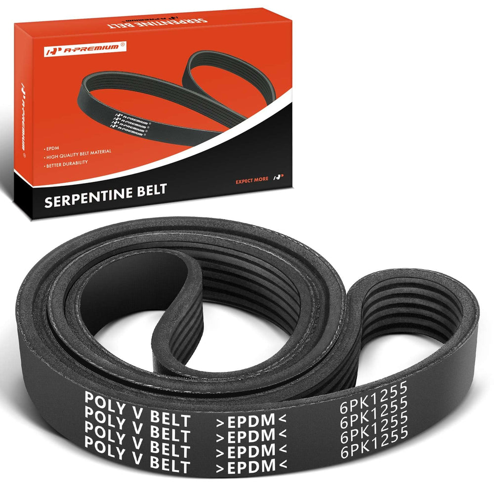 A-Premium serpentine belt showing 49.45-inch length for engine fitment and alignment