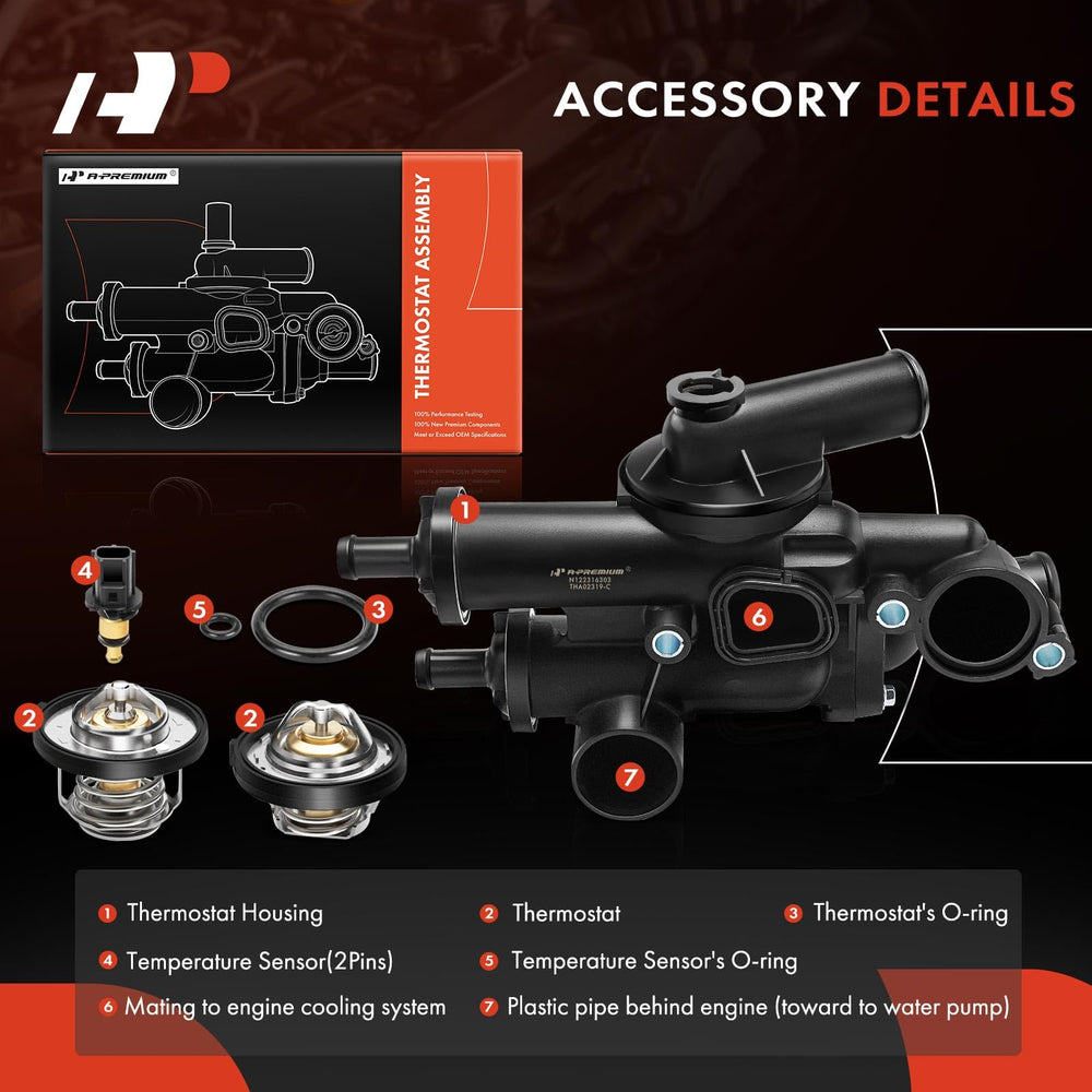 A-Premium thermostat housing front view demonstrates compact design for tight engine bays.