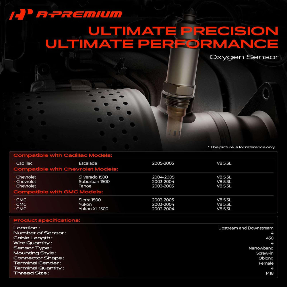 A-Premium upstream and downstream O2 sensors for Cadillac, Chevy, GMC compatibility.