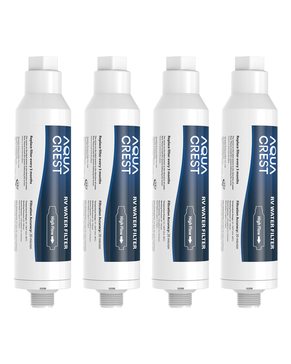 AQUA CREST RV filter with NSF-certified label visible for trusted filtration.