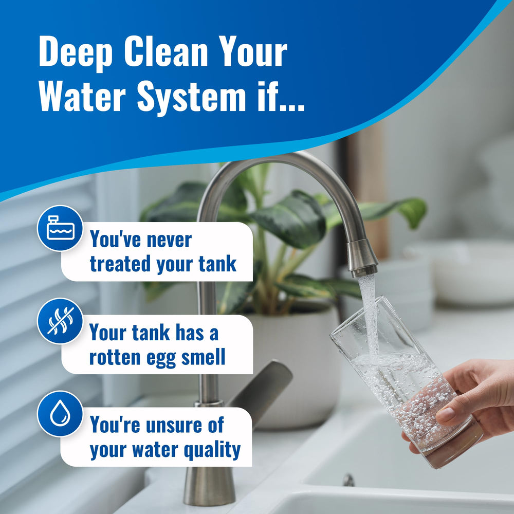 Aquamarine Shock pouring action into a tank for easy cleaning in boats and RVs.