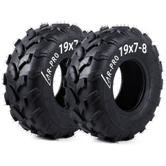 AR-PRO 19x7-8 tire with knobby tread improves traction on dirt and gravel