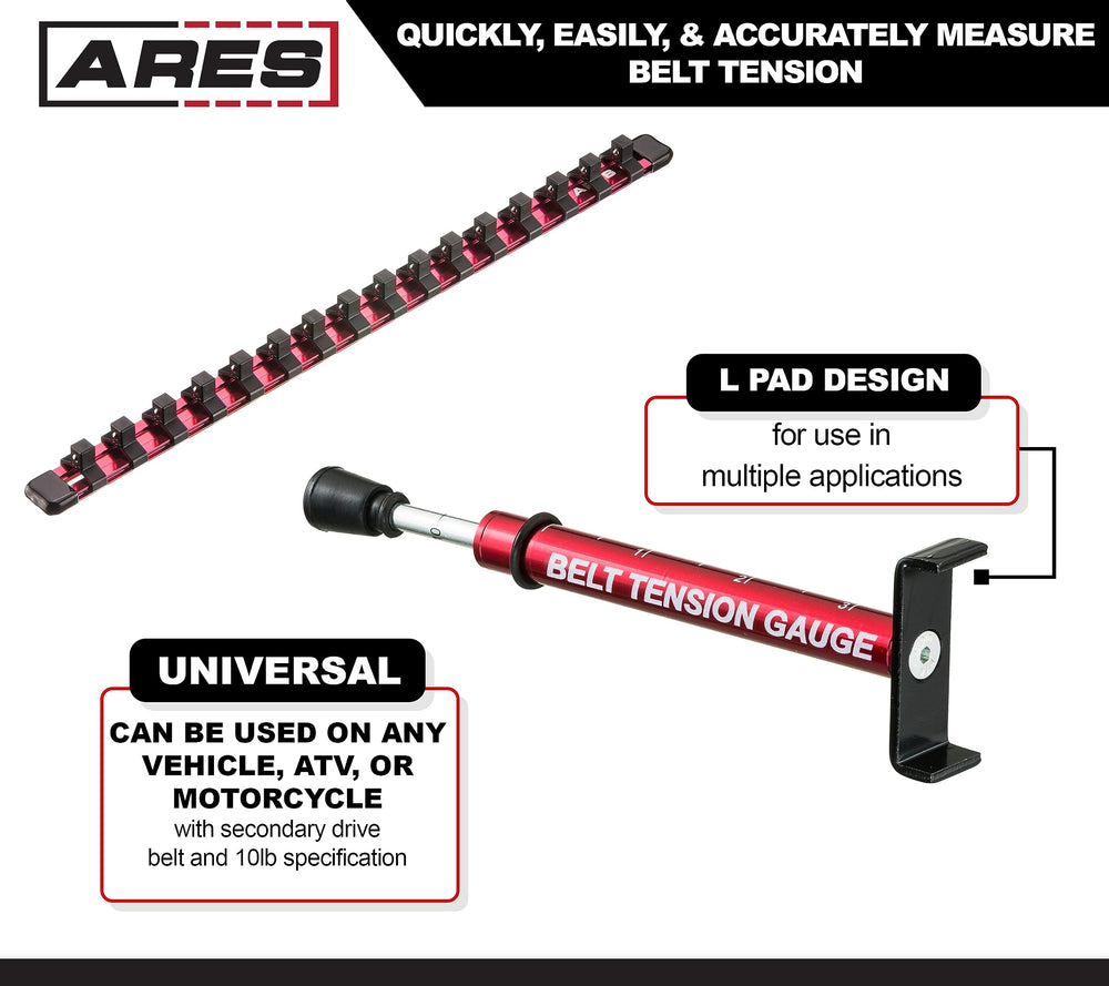 ARES belt tension gauge secure-L pad demonstrates belt placement during tension adjustments.
